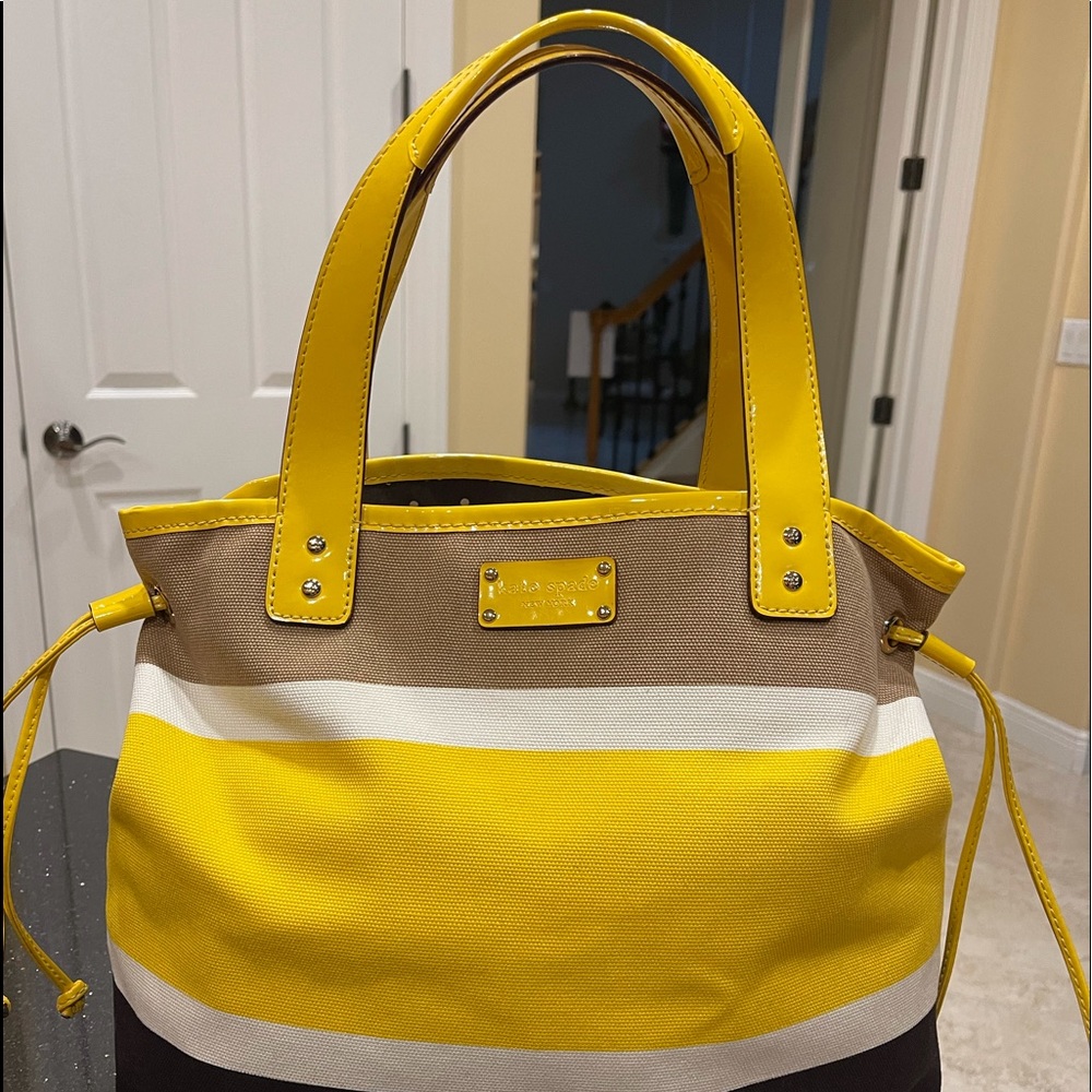 KATE SPADE LARGE YELLOW & WHITE & BLACK STRIPED TOTE BAG SHOULDER BAG - Picture 11 of 15